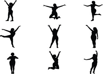 Joyful woman silhouette, dance pose, celebration gesture, black graphic, vector illustration, expressive movement, energetic stance, freedom, emotion, happinessJoyful woman silhouette, 
