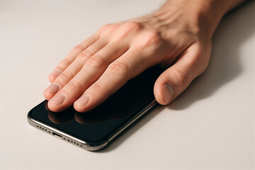 Human hand rests on a mobile phone laying on a white surface, representing a conscious break from constant connectivity, screen time, and digital distractions