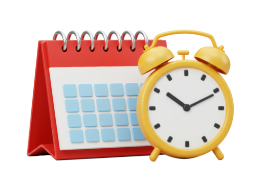 Vibrant 3D red desk calendar with silver spiral and light blue squares, overlapped by elegant analog clock with luminous yellow rim, on white background, concept of time management and planning