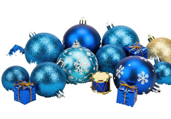 Festive blue and gold Christmas ornaments, including glittery baubles, snowflake baubles, and miniature drums, nestled in white snow against a transparent background, winter holiday concept