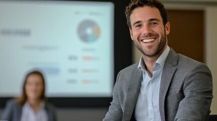 A smiling man in a suit with a projected graph on a screen in the background.