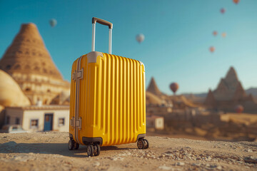 Yellow luggage baggage suitecase bag on the floor with beautiful balloon festival background landscape in travel trip