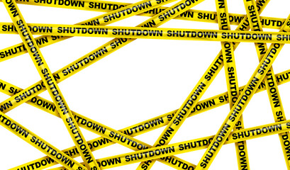 Shutdown Hazard Tape as a symbol for the closed US government and American congress shut down as yellow tapes on an isolated white background representing a lockout barrier as a national crisis. © freshidea