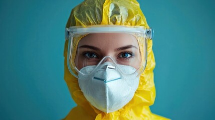 A woman in a yellow protective suit and face mask, standing in front of a blue background.