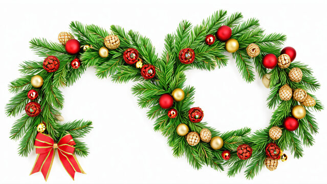 Weihnachtsgirlande aus Tannenzweigen mit roten und goldenen Weihnachtskugeln isoliert auf wei&szlig;em Hintergrund