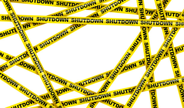 Shutdown Hazard Tape as a symbol for the closed US government and American congress shut down as yellow tapes on an isolated white background representing a lockout barrier as a national crisis.