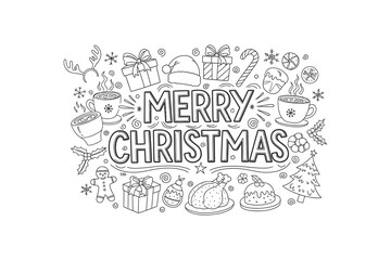 Merry Christmas hand drawn lettering surrounded by festive holiday icons and food vector
