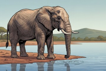 Fototapeta premium african elephant drinking water lake illustration