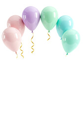 Glossy pastel latex balloons (pink, lavender, mint, blue) with curly gold ribbons, arc arrangement on transparent background, copy space, concept for elegant celebration branding