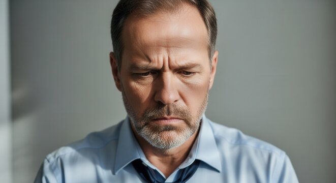 A middle-aged businessman with a contemplative expression, sitting in an office. The mood is serious and reflective, suitable for themes of stress or decision-making.
