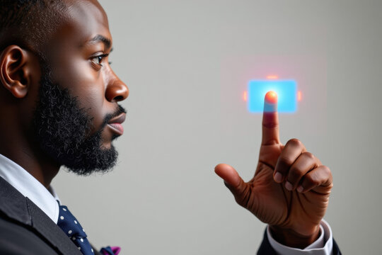 Man touching virtual interface with finger, futuristic technology concept, business professional suit focused digital screen