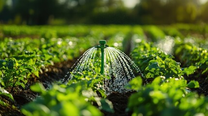 A green and red sprinkler watering a field of green plants.
