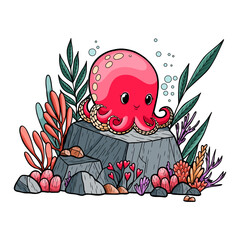 Cute Octopus on Underwater Rock with Seaweed - Line Art Coloring Page and Colored Vector Illustration 