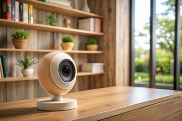 Obraz premium Smart Home Security Camera: Biophilic Design, Discreetly Placed on Bookshelf