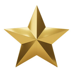 A single, plump, three-dimensional five-pointed star in highly polished, glossy gold metallic, reflective surface, intricate highlights, on transparent background with copy space, soft studio