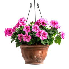 Naklejka premium A vibrant, hanging flower basket overflowing with pink blooms and green foliage