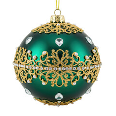 A luxurious emerald green spherical christmas ornament with intricate gold filigree, white pearls, and clear crystals, soft studio light on white background, concept of festive sophistication