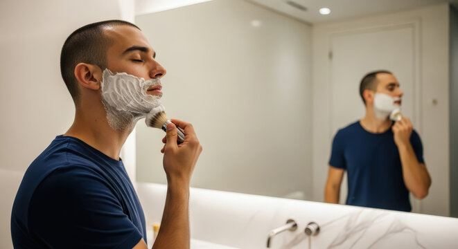 Young man applying shaving cream with brush on face in modern bathroom looking at mirror daily routine