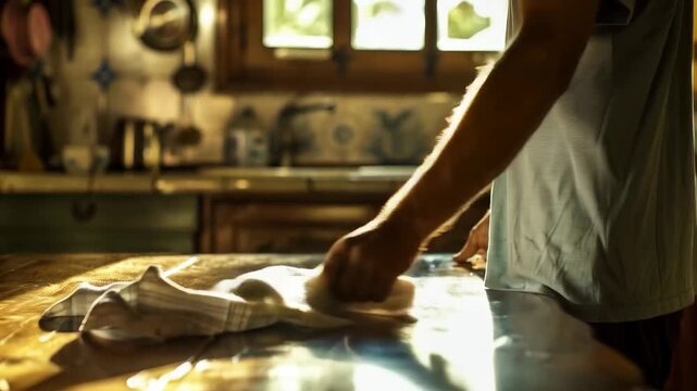 A person wipes the kitchen table with a damp cloth, keeping the house clean and tidy. Used in materials about everyday life, cleaning, organising space, family life, articles about healthy lifestyles 