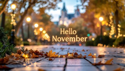 Autumn leaves falling city park inspirational image evening warm glow november celebration