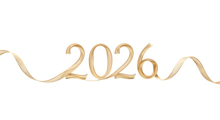 Golden ribbon forming the year 2026 isolated on transparent background