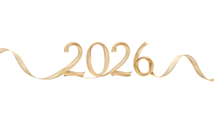 Golden ribbon forming the year 2026 isolated on transparent background