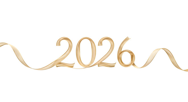 Golden ribbon forming the year 2026 isolated on transparent background