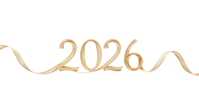 Golden ribbon forming the year 2026 isolated on transparent background