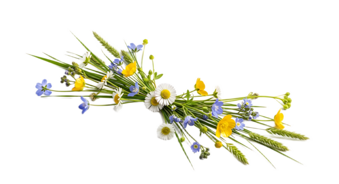 A delicate bouquet of wildflowers featuring daisies buttercups and forget me nots on black background