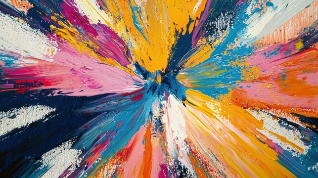 A vibrant, abstract painting with a burst of colors in the center, featuring a mix of bright yellows, pinks, oranges, blues, and whites.