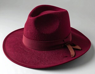Burgundy fedora hat, with ribbon, on a plain white backdrop