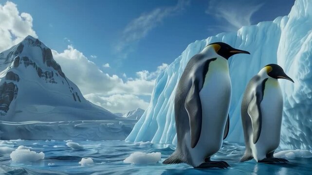 Two penguins stand on an ice floe near an iceberg, with mountains and clear skies in the background, reflecting life in the Arctic or Antarctic and possible climate change. Suitable for articles on ec