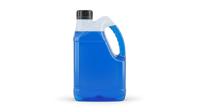 Gallon Jug of Blue Liquid with Black Cap and Handle on White Background container bottle