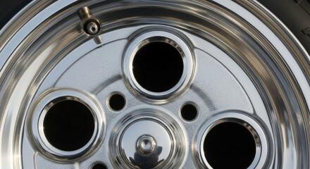 Detailed shot of shiny chrome car wheel and tire, highlighting its metallic texture and automotive design