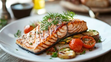 A plate of grilled salmon with vegetables and herbs on a rustic wooden table.