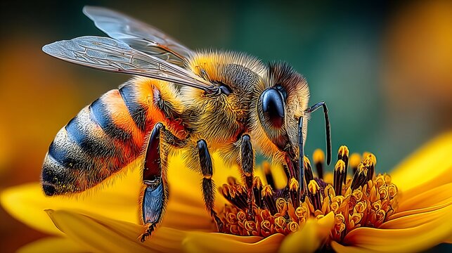 Honey bee pollinating yellow flower close up macro