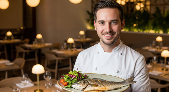 Smiling chef holds plate of whole roasted fish with fresh salad in fine dining restaurant