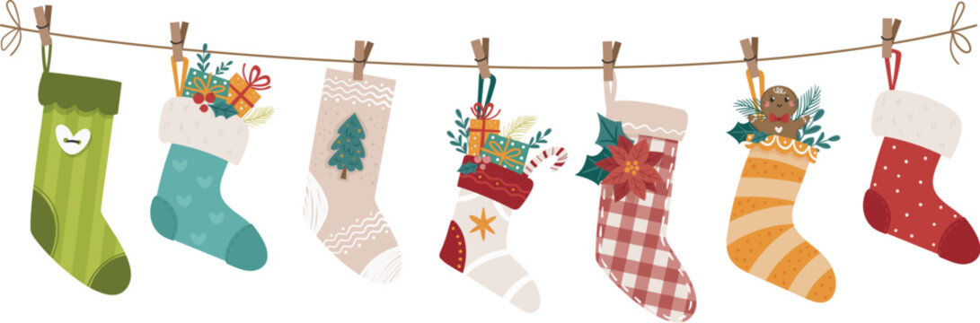 Christmas socks and stockings hanging on a rope with clothespins. Perfect for the festive Christmas season, as well as fall and winter merchandise.
