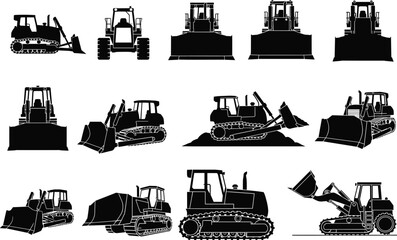 Fototapeta premium Bulldozer Icon Vector Set – 10 Styles of Construction, Heavy Machinery, and Industrial Equipment Illustrations