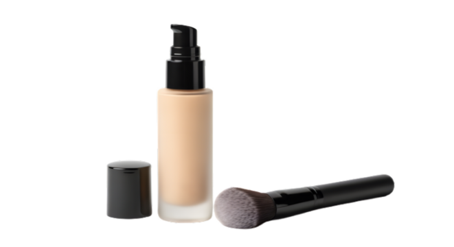 Foundation bottle and brush isolated on transparent background, essential tools for achieving a flawless makeup look