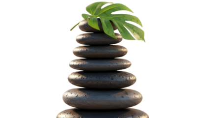 Zen stones stacked with a green leaf isolated on transparent background, representing balance and tranquility