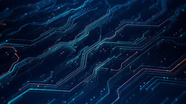 Loopable Animation with Isometric View of Colorful Circuit Board Pattern. Modern Abstract Technology themed Background with PCB Lines and Motherboard Traces. Innovation in Electronics and Engineering