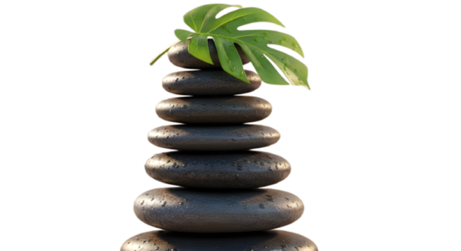 Zen stones stacked with a green leaf isolated on transparent background, representing balance and tranquility