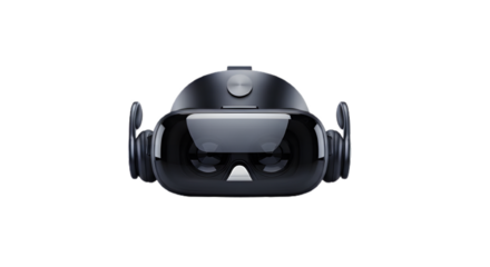 Closeup of a black virtual reality headset isolated on transparent background, showcasing its sleek design and immersive technology