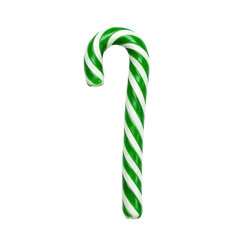 Single, perfectly formed glossy green and white striped J-shaped candy cane, reflective surface, isolated on a transparent background with copy space, concept for elegant holiday advertising