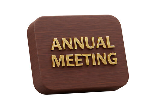 Elegant wooden plaque with golden lettering announces an annual meeting event