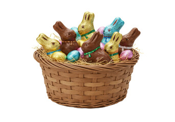 Rustic wicker basket with milk, dark, and white chocolate bunnies in varied poses, some foil-wrapped, nestled on straw against a transparent studio background with copy space. Easter celebration