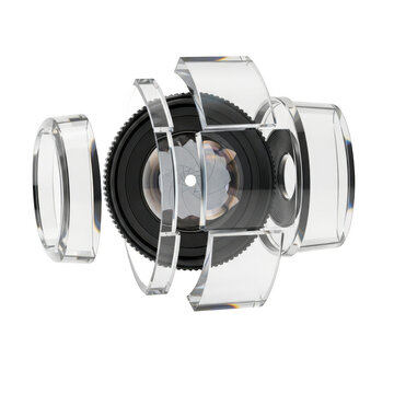 Exploded View of a Camera Lens with Transparent Acrylic Components and Aperture Blades photography isolated on a transparent background