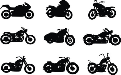 Obraz premium Motorcycle silhouette, bike icon, black graphic, vector illustration, cruiser style, sport model, chopper design, wheel detail, handlebar