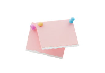 Two pink note papers pinned with colorful thumbtacks on transparant background